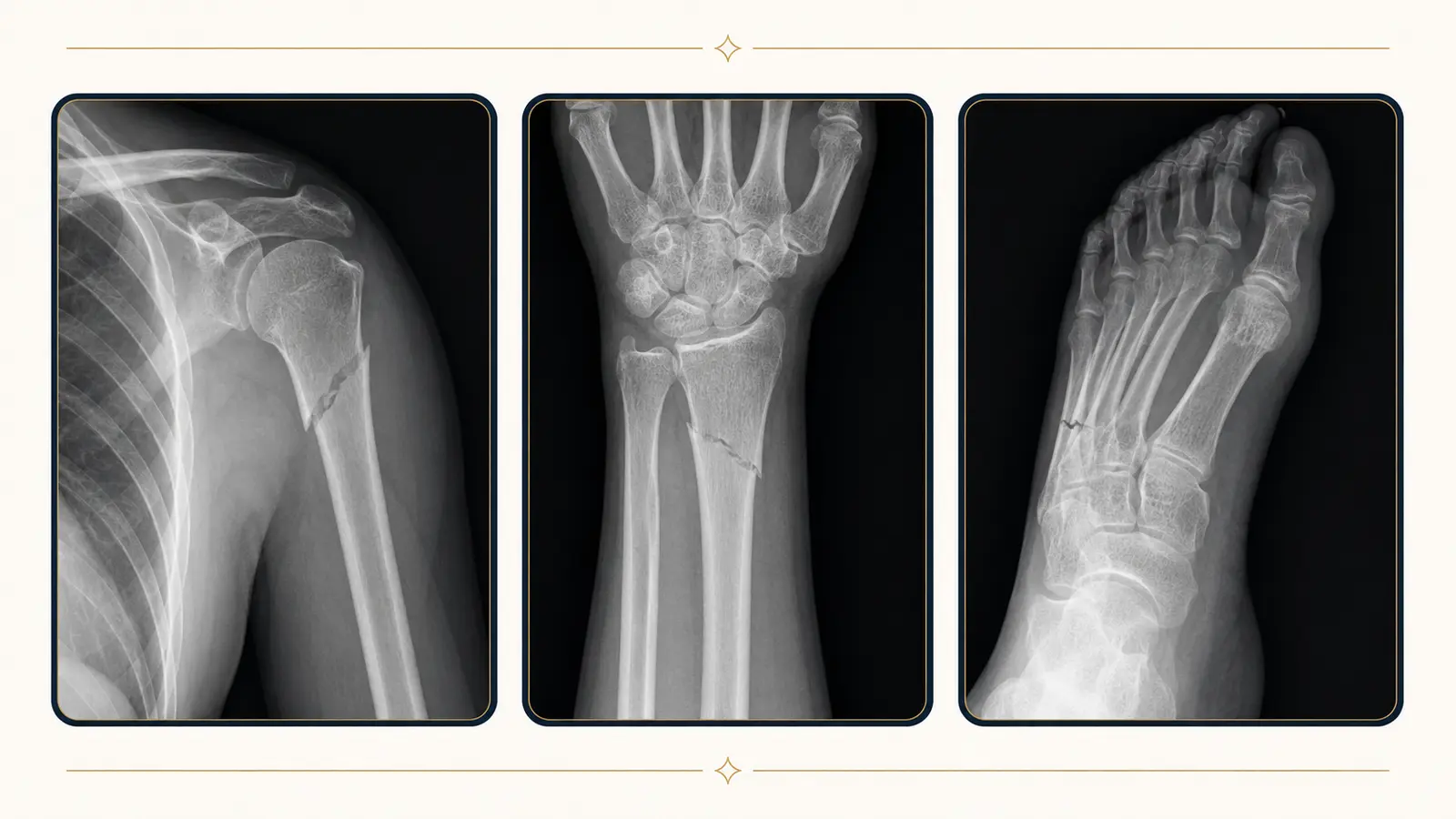 Röntgenbilder einer proximalen Humerus-, distalen Radius- und Mittelfußfraktur